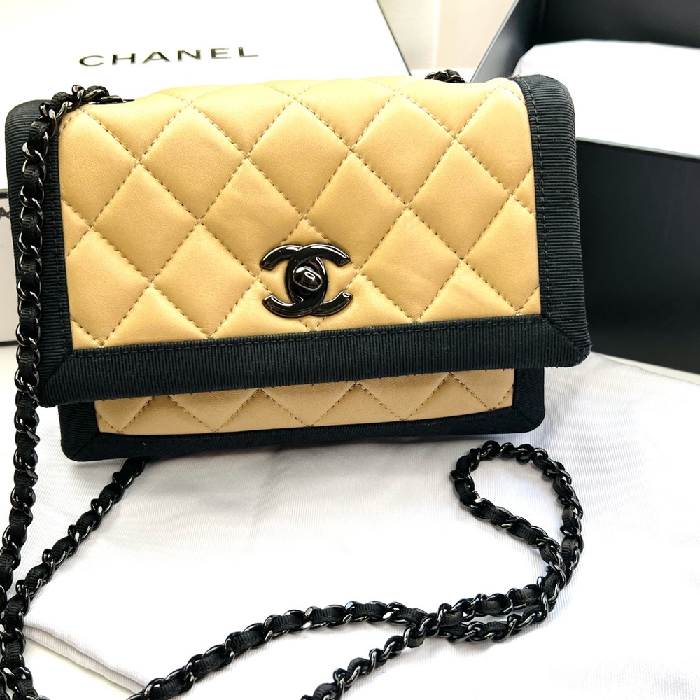 CHANEL Quilted Lambskin Ribbon  Edge Mini Flap Bag Black Metallic Hardware